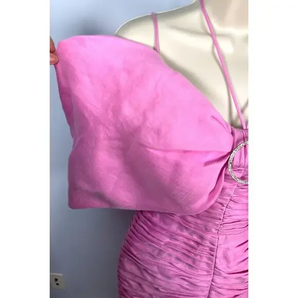 RASARIO Bow Embellished Draped Off the Shoulder Pink Linen Mini Dress Size 2 - Picture 7 of 13